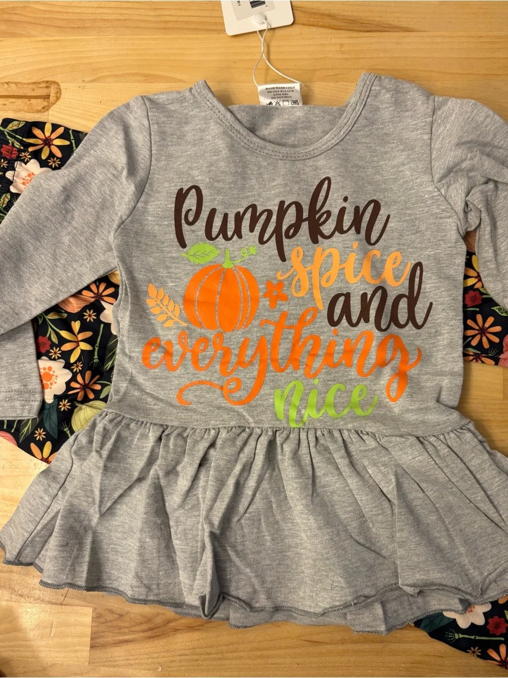 Ann Loren Gray Top with Black Floral Pumpkin Leggings